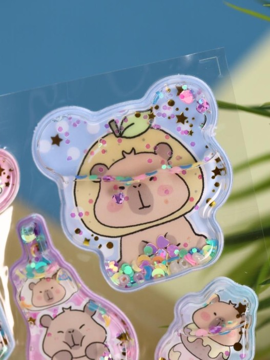 Набор гелевых наклеек с блёстками + брелок "Capybara", голубые (11,5*21 см) 