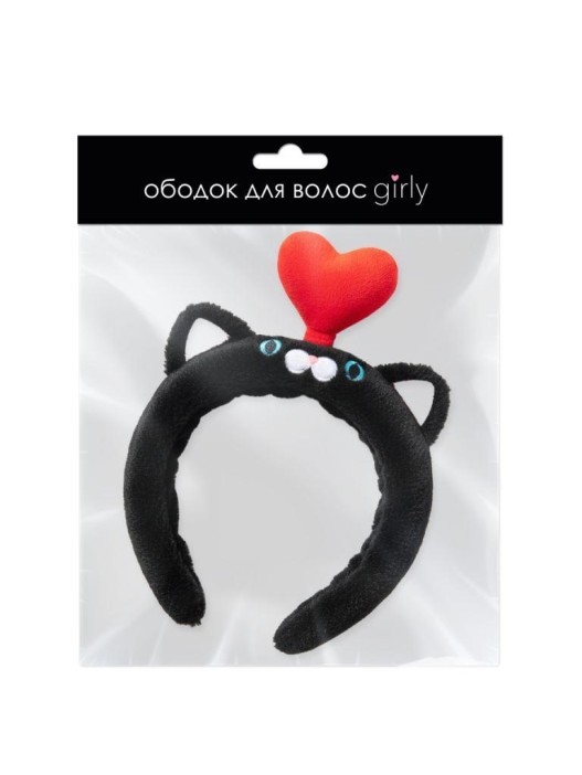 Плюшевый ободок GIRLY "Cat love", black 