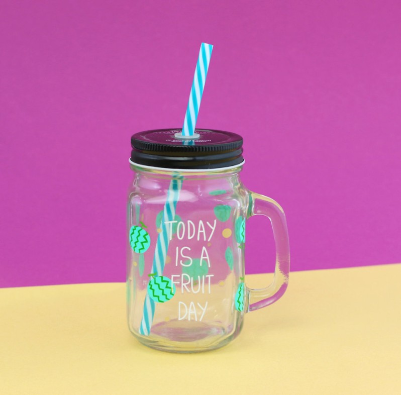 Кружка банка для напитков с трубочкой Арбуз (чёрная крышка) 