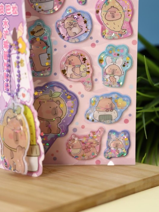 Набор гелевых наклеек с блёстками + брелок "Capybara", фиолетовые (11,5*21 см) 