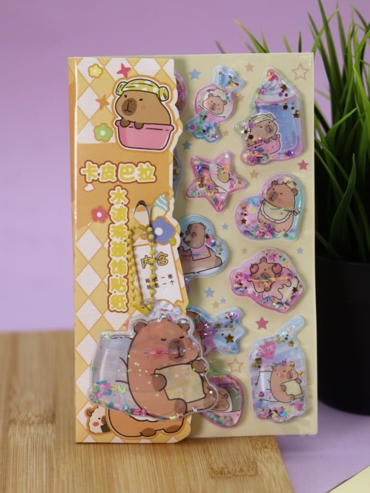 Набор гелевых наклеек с блёстками + брелок "Capybara", жёлтые (11,5*21 см) 