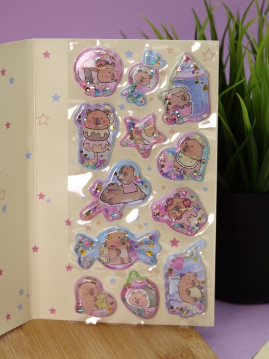 Набор гелевых наклеек с блёстками + брелок "Capybara", жёлтые (11,5*21 см) 