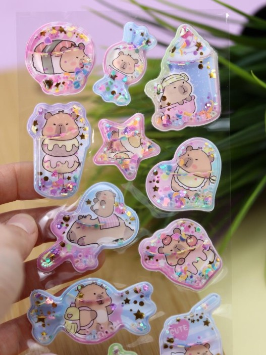 Набор гелевых наклеек с блёстками + брелок "Capybara", жёлтые (11,5*21 см) 