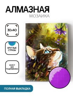 Алмазная мозаика без подрамника &quot;Кот в траве&quot;, 30х40 см