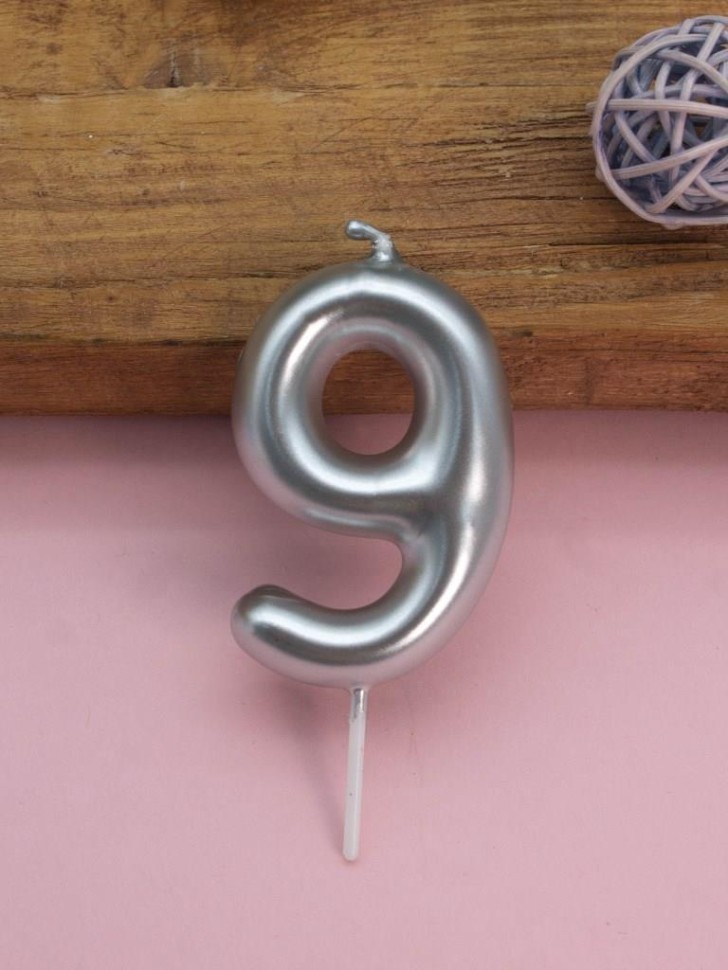 Свеча для торта "Серебряное сияние" цифра 9, (6 см)