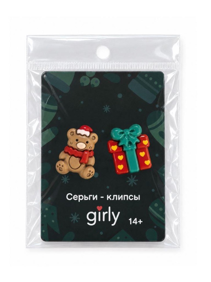 Серьги-клипсы GIRLY "Медвежонок и подарок", красные