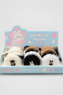 Плюшевое раскладное зеркало брелок "Bunny and Bear", шоу-бокс 12 шт. (4 цвета)