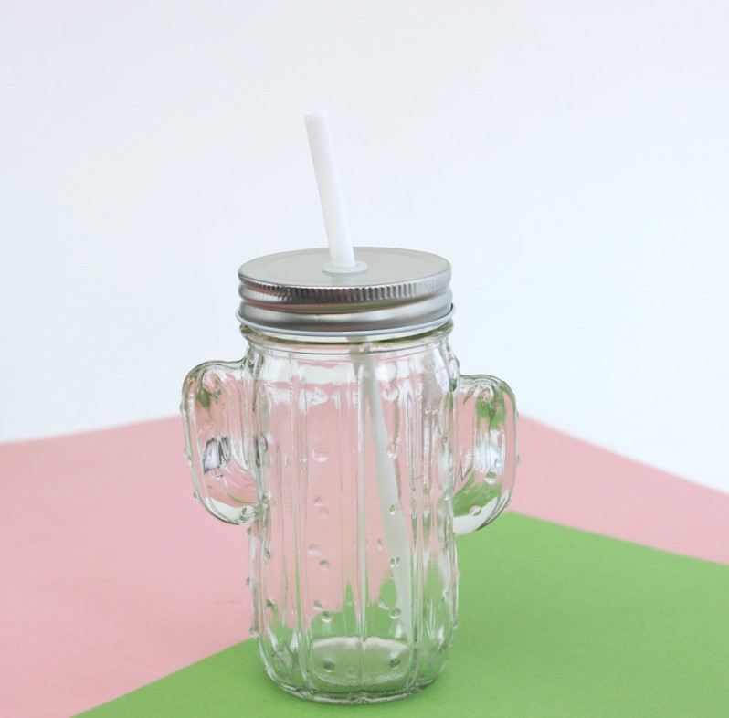 Кружка банка для напитков с трубочкой "Cactus" white 