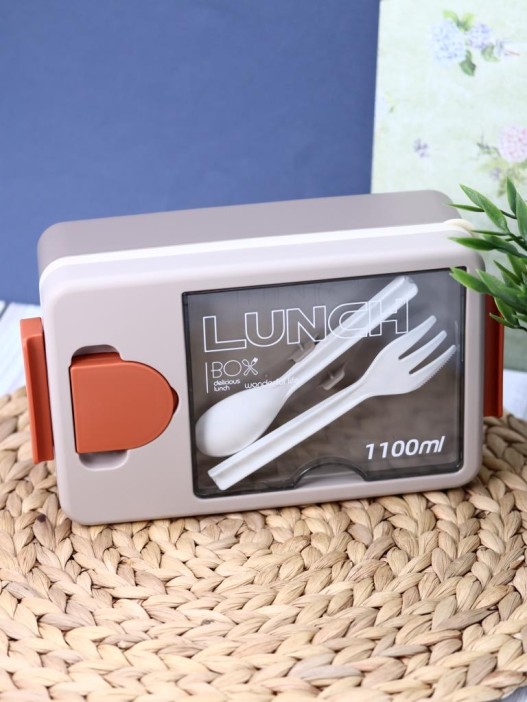 Ланчбокс &quot;Tasty food&quot;, orange-grey (ложка+вилка), 1100 мл 