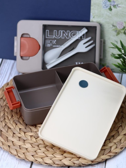 Ланчбокс &quot;Tasty food&quot;, orange-grey (ложка+вилка), 1100 мл 