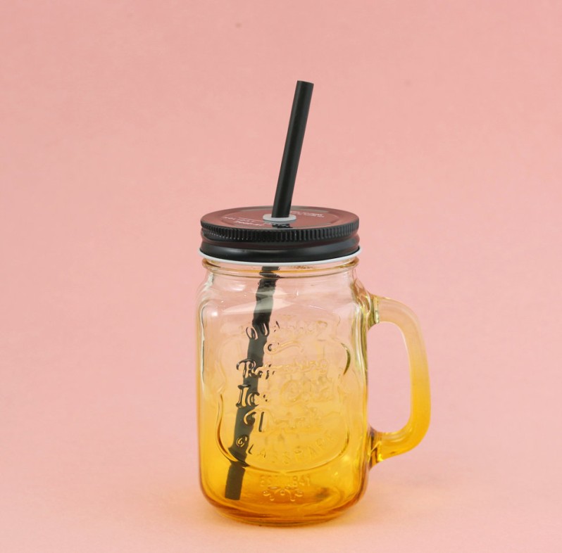 Кружка банка для напитков с трубочкой Colorful (жёлтый) 
