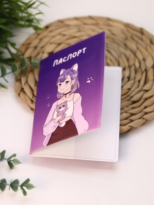 ОБЛОЖКА ДЛЯ ПАСПОРТА АНИМЕ «Cute cat Girl», плотность 600 мкм 