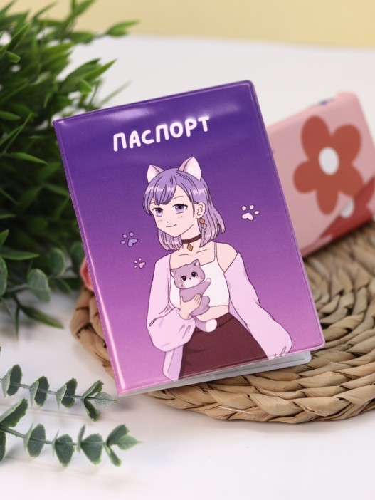 ОБЛОЖКА ДЛЯ ПАСПОРТА АНИМЕ «Cute cat Girl», плотность 600 мкм 