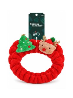 Повязка на голову GIRLY "Ёлочка и новогодний олень", красная