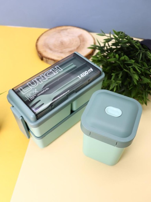 Набор ланчбоксов в термосумке "Big lunch", зелёный, 2 яруса, 4 отделения (1400 мл) 