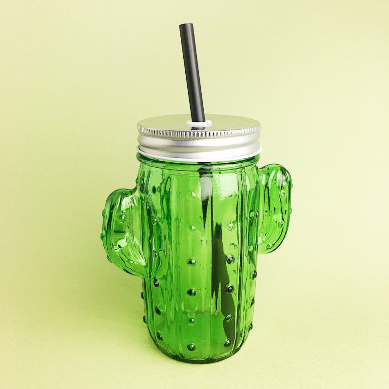 Кружка банка для напитков с трубочкой "Cactus" green 