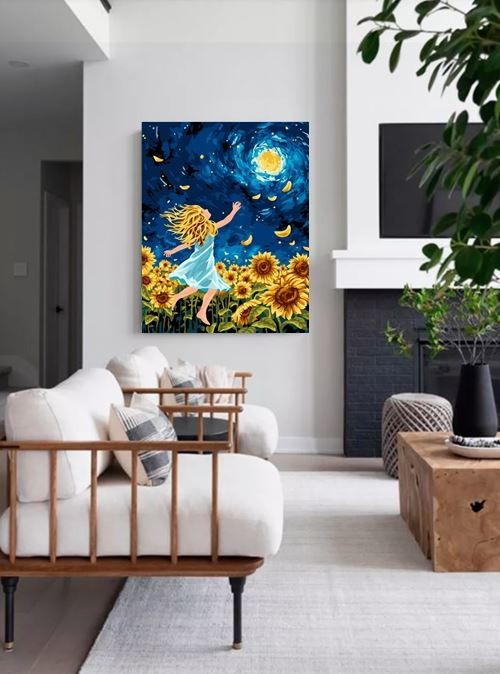 Картина по номерам 40*50 "Девочка в поле подсолнухов" (22 цвета)