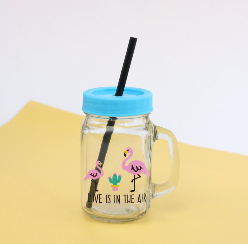 Кружка банка для напитков с трубочкой &quot;Flamingo&quot; blue 