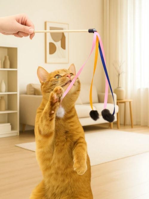 Махалка для кошек &quot;Разноцветные ленты&quot;, с наконечниками из натуральной норки, звенящая 