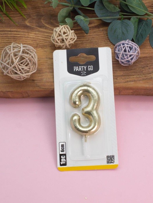 Свеча для торта &quot;Golden glow&quot; цифра 3, (6 см) 